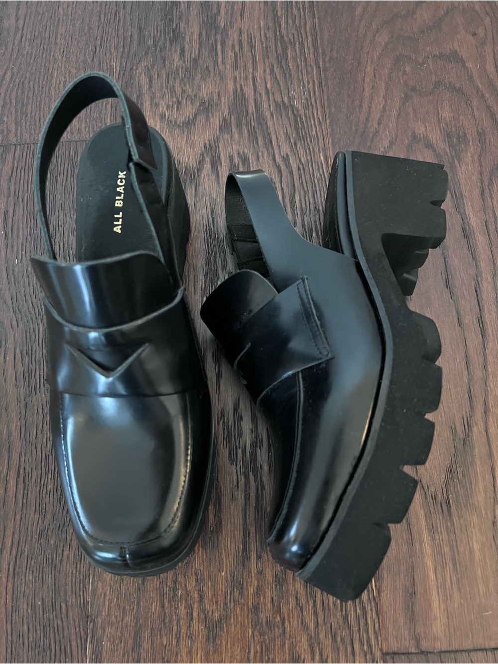 All Black Platform Slingback Loafers Black Patent Leather Size 39 (US 8) EUC